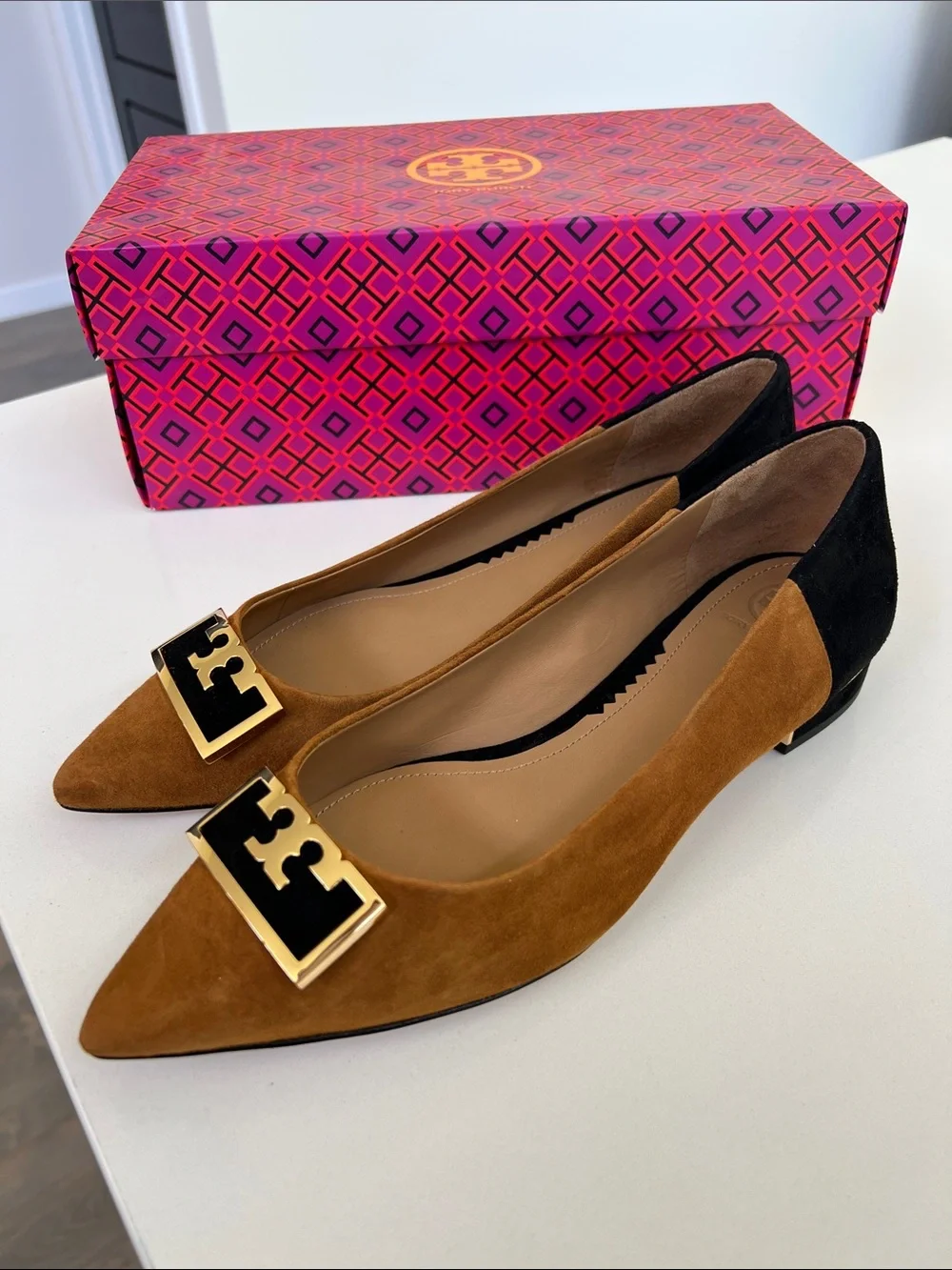 Tory Burch gigi 20mm pointy toe flat silk suede leather dark tiramisu tan black